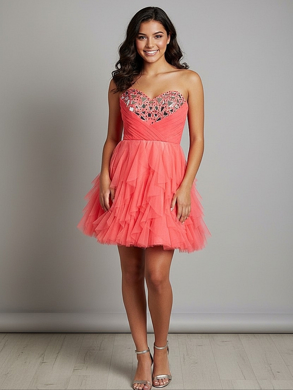 NEW! Masquerade Formal Strapless Coral Ruffled Tulle Cocktail-Prom Dress